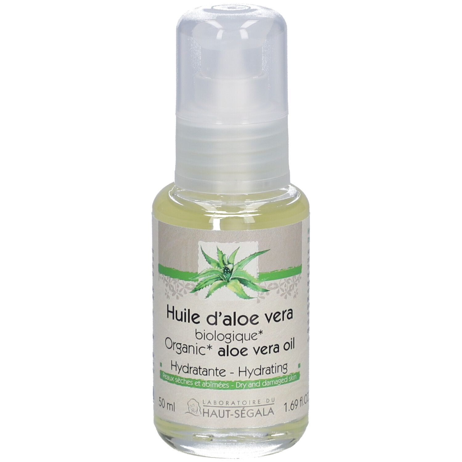 Flacon d'huile d'aloe vera avec pompe. Inscription: Huile d'aloe vera biologique, Hydratante, Peaux sèches et abîmées. 50 ml.