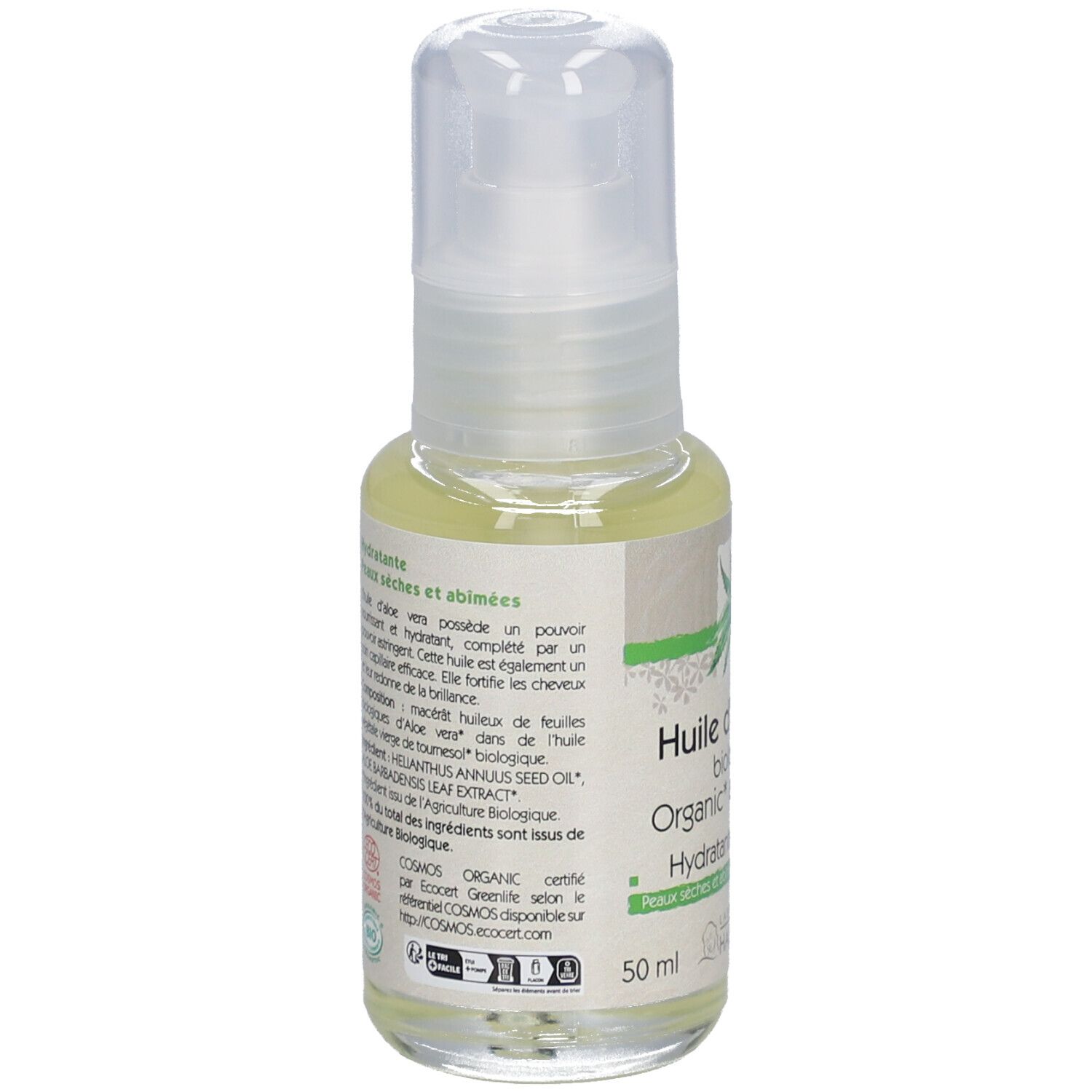 Dos du flacon d'huile d'aloe vera. Inscription: Huile d'aloe vera biologique, Hydratante, Peaux sèches et abîmées. 50 ml. Label Bio.