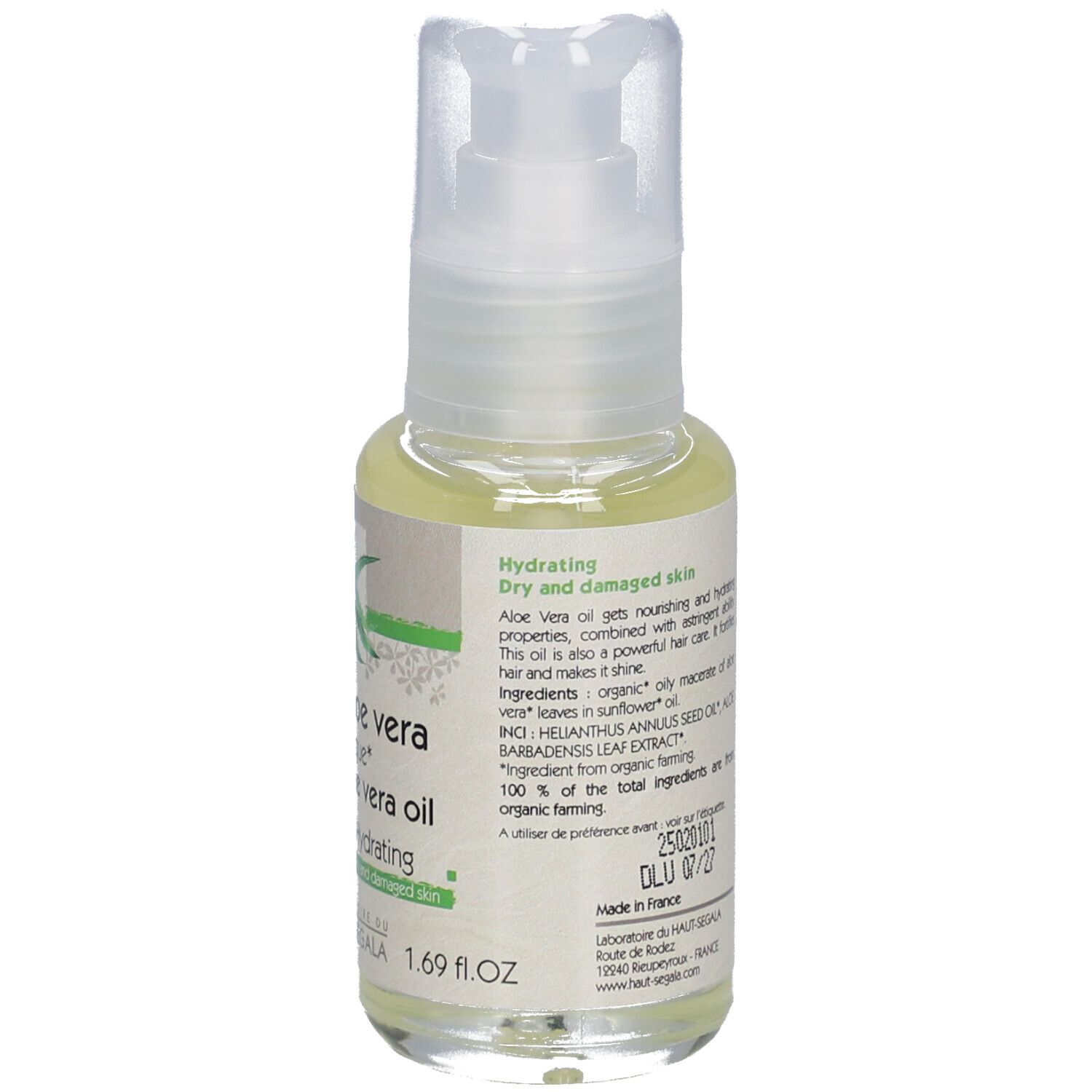 Dos du flacon d'huile d'aloe vera. Inscription: Hydrating, Dry and damaged skin. Ingrédients, label Bio, origine.