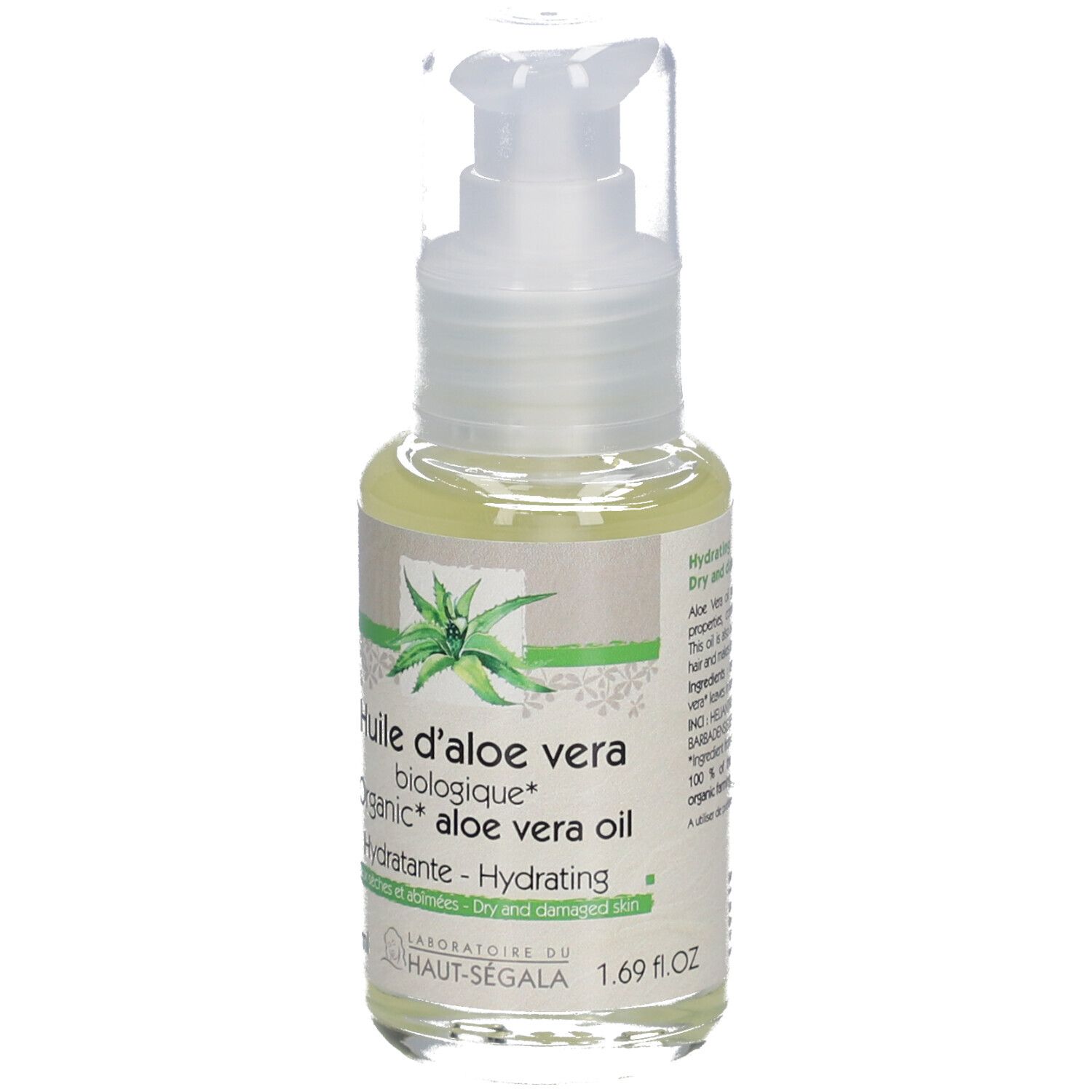 Flacon d'huile d'aloe vera avec pompe. Inscription: Huile d'aloe vera biologique, Hydratante, Peaux sèches et abîmées. 1.69 fl.oz.