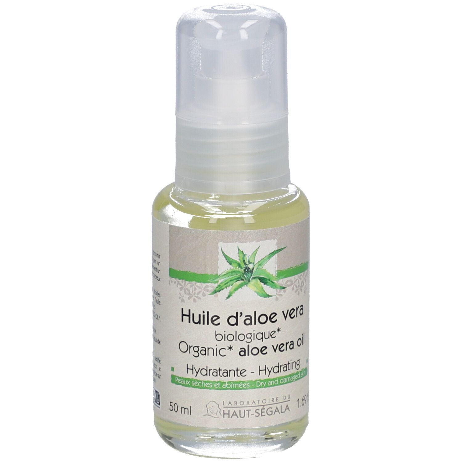 Flacon d'huile d'aloe vera avec pompe. Inscription: Huile d'aloe vera biologique, Hydratante, Peaux sèches et abîmées. 50 ml.