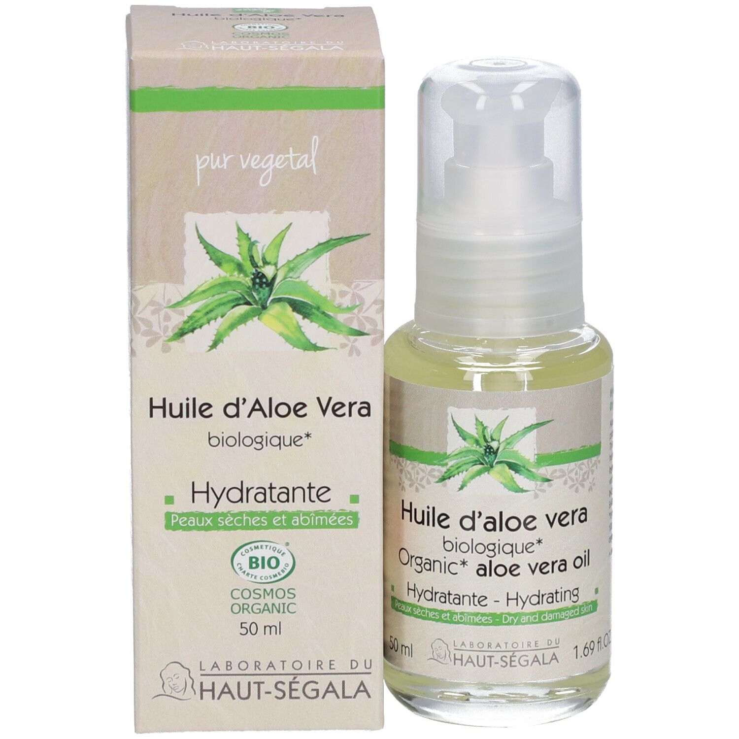 Flacon et boîte d'huile d'aloe vera. Inscription: Huile d'aloe vera biologique, Hydratante, Peaux sèches et abîmées. Label Bio.