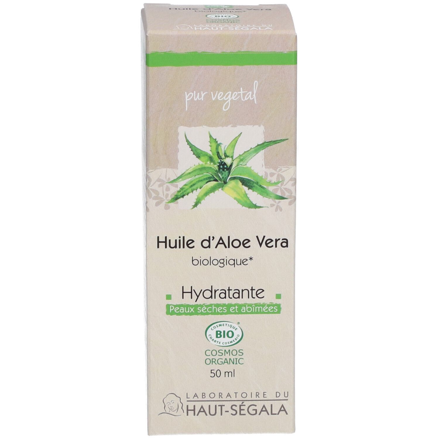 Boîte d'huile d'aloe vera. Inscription: Huile d'aloe vera biologique, Hydratante, Peaux sèches et abîmées. Label Bio. 50 ml.