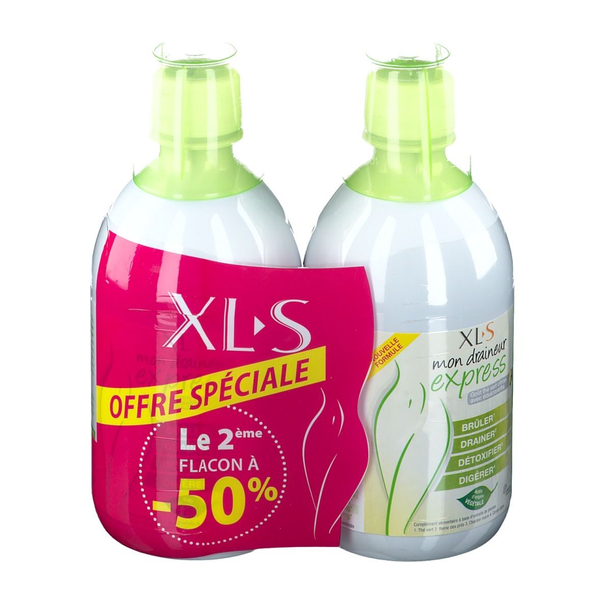 Deux flacons XLS Mon Draineur Express. Étiquette rose avec "Offre Spéciale" et "-50%". Flacons verts et blancs.