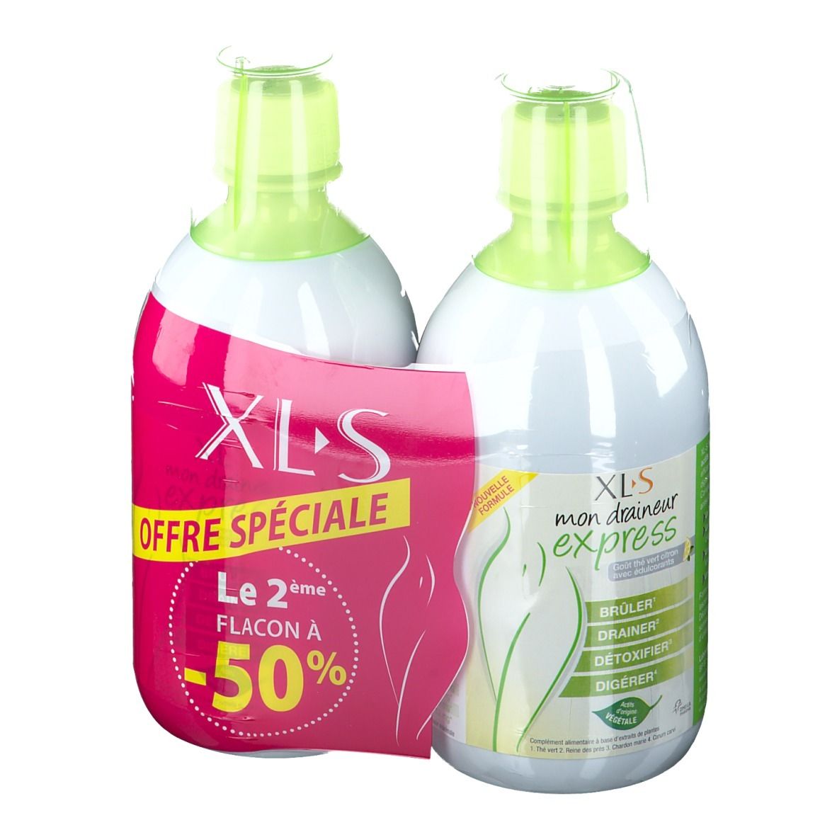 Deux flacons XLS Mon Draineur Express. Étiquette rose avec "Offre Spéciale" et "-50%". Flacons verts et blancs.