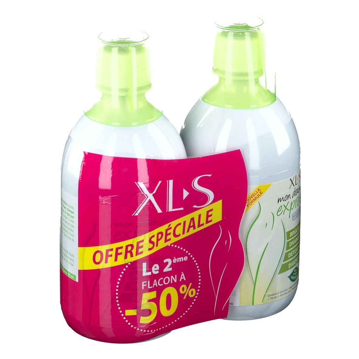 Deux flacons XLS Mon Draineur Express. Étiquette rose avec "Offre Spéciale" et "-50%". Flacons verts et blancs.