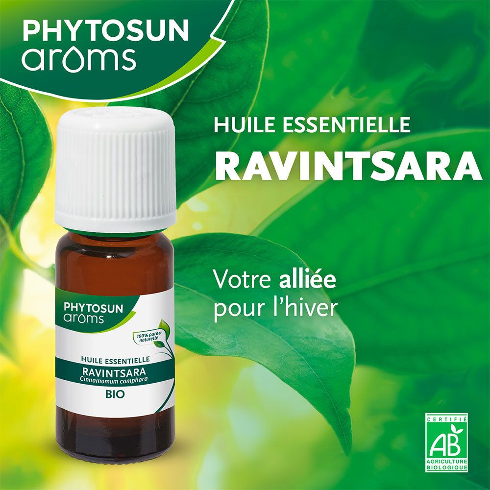 Braune Glasflasche mit weißem Deckel. Aufschrift: Phytosun Arôms, Ravintsara, Bio. AB-Zertifizierung.
