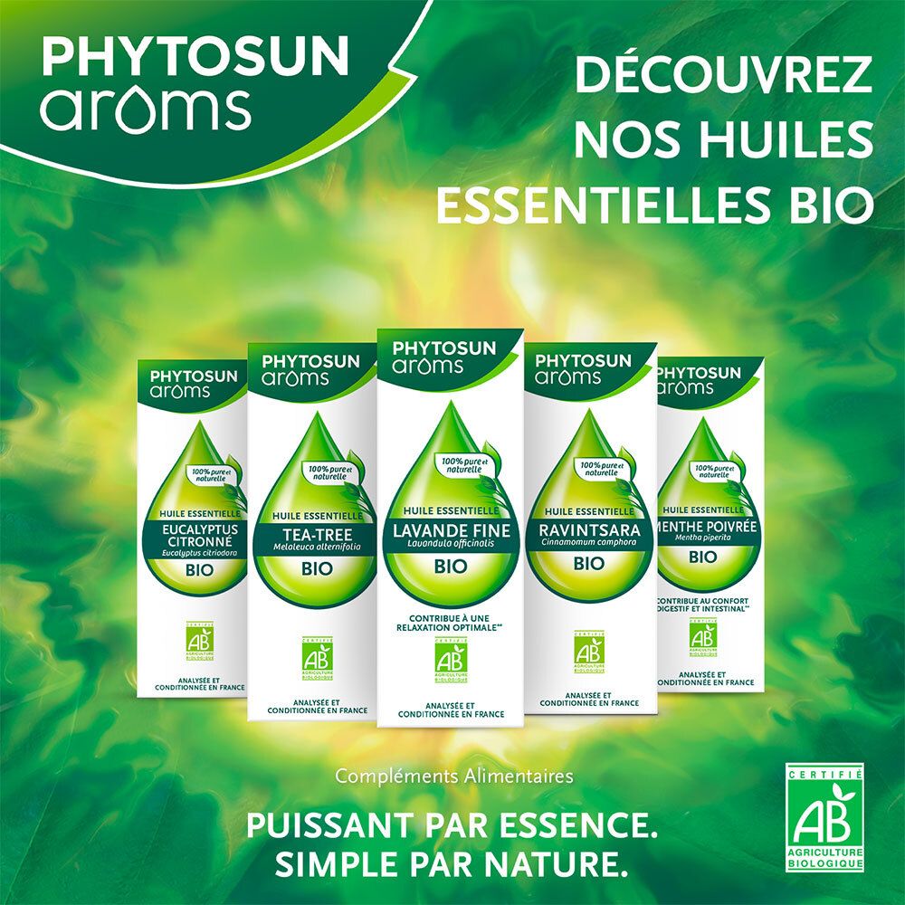 Fünf Produktverpackungen. Aufschrift: Phytosun Arôms, Bio. Verschiedene ätherische Öle. AB-Zertifizierung.