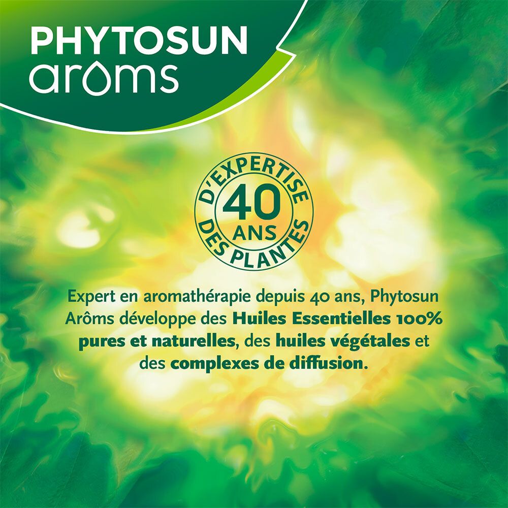 Rundes Logo mit Schriftzug: 40 ans d'expertise des plantes. Phytosun Arôms. Text über ätherische Öle.