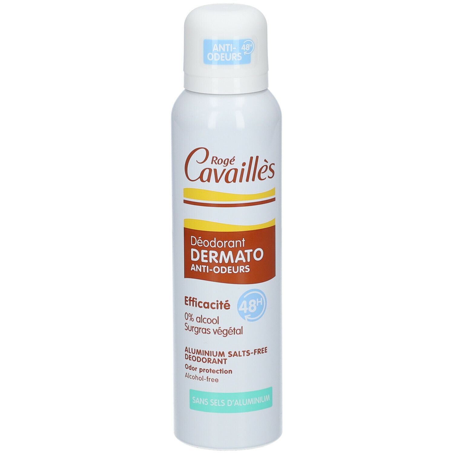 Weißes Deodorant-Spray mit braunen und gelben Akzenten. Aufschrift: Rogé Cavaillès, Déodorant Dermato Anti-odeurs, 48H. Aluminiumsalzfrei.