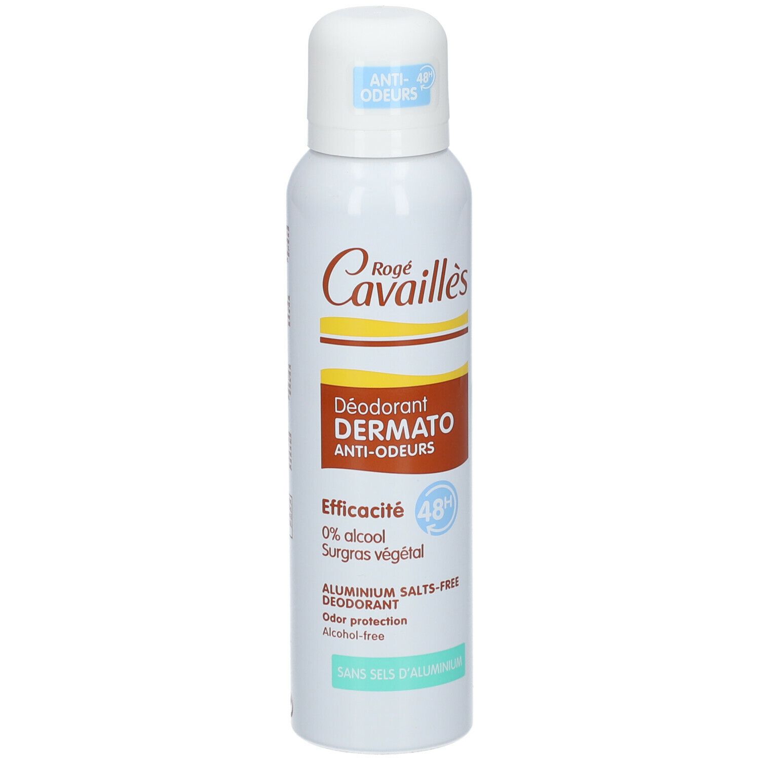 Weißes Deodorant-Spray mit braunen und gelben Akzenten. Aufschrift: Rogé Cavaillès, Déodorant Dermato Anti-odeurs, 48H. Aluminiumsalzfrei.