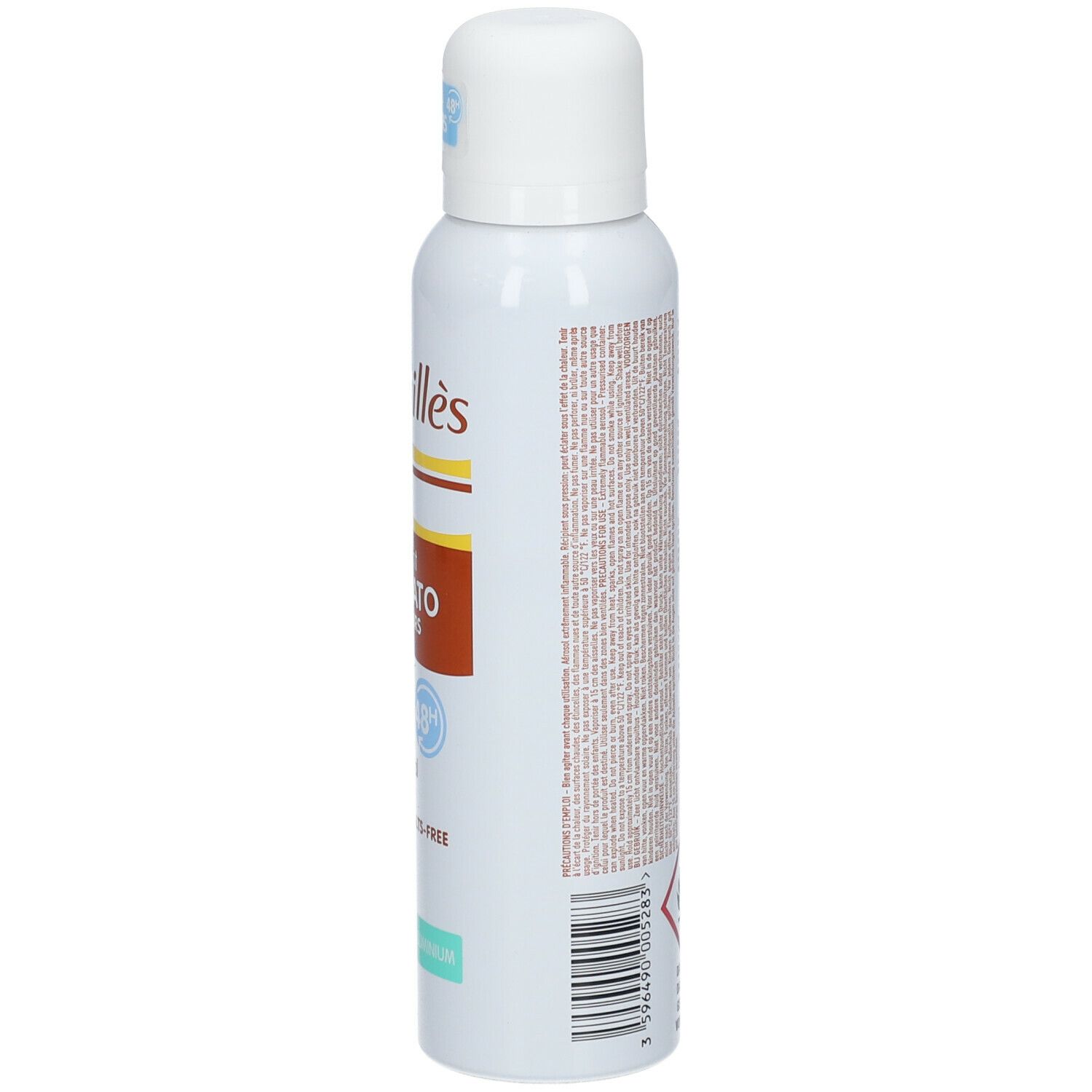 Deodorant-Spray, weiße Dose mit Text. Aufschrift: Rogé Cavaillès. Rückseite mit Text. 150ml. Gefahrensymbol. Entzündlich.