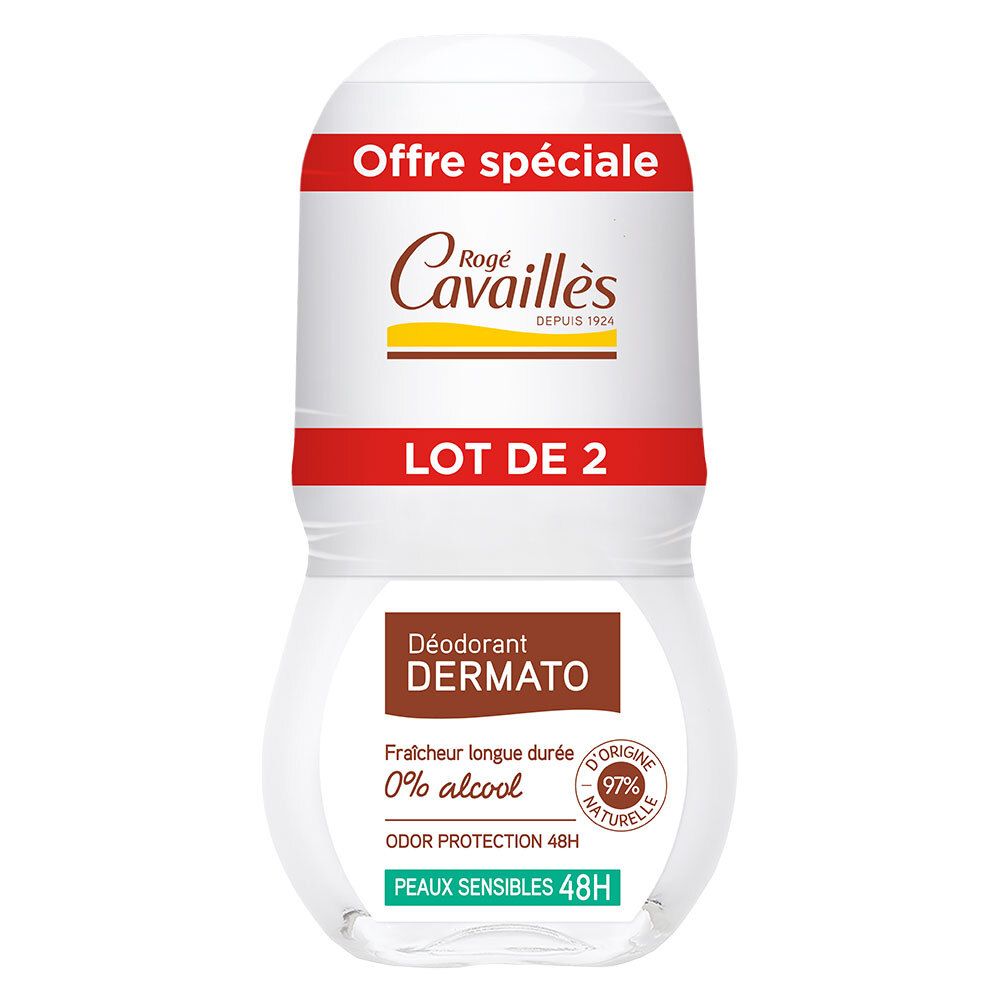 Deux déodorants roll-on. Boîtier blanc, bande rouge avec texte. Inscriptions : "Offre spéciale", "LOT DE 2", "Dermato".