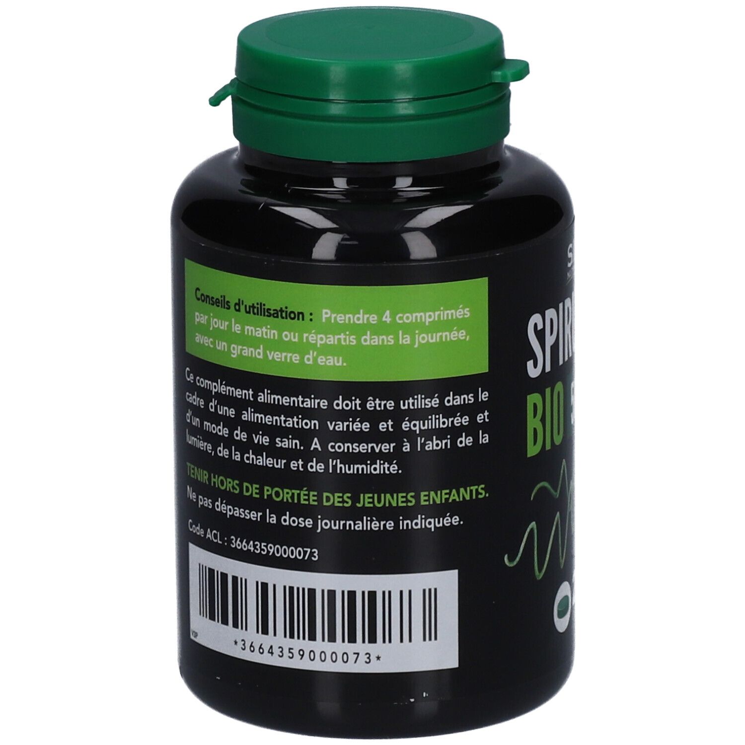 Dos du flacon noir, bouchon vert. Texte : conseils d'utilisation, avertissements, code-barres. Marque : S.I.D. Nutrition.