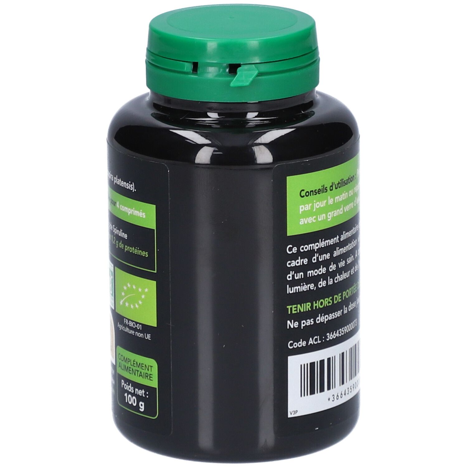 Flacon noir, bouchon vert. Inscription SPIRULINE BIO, poids 100 g. Label bio vert. Marque S.I.D. Nutrition.