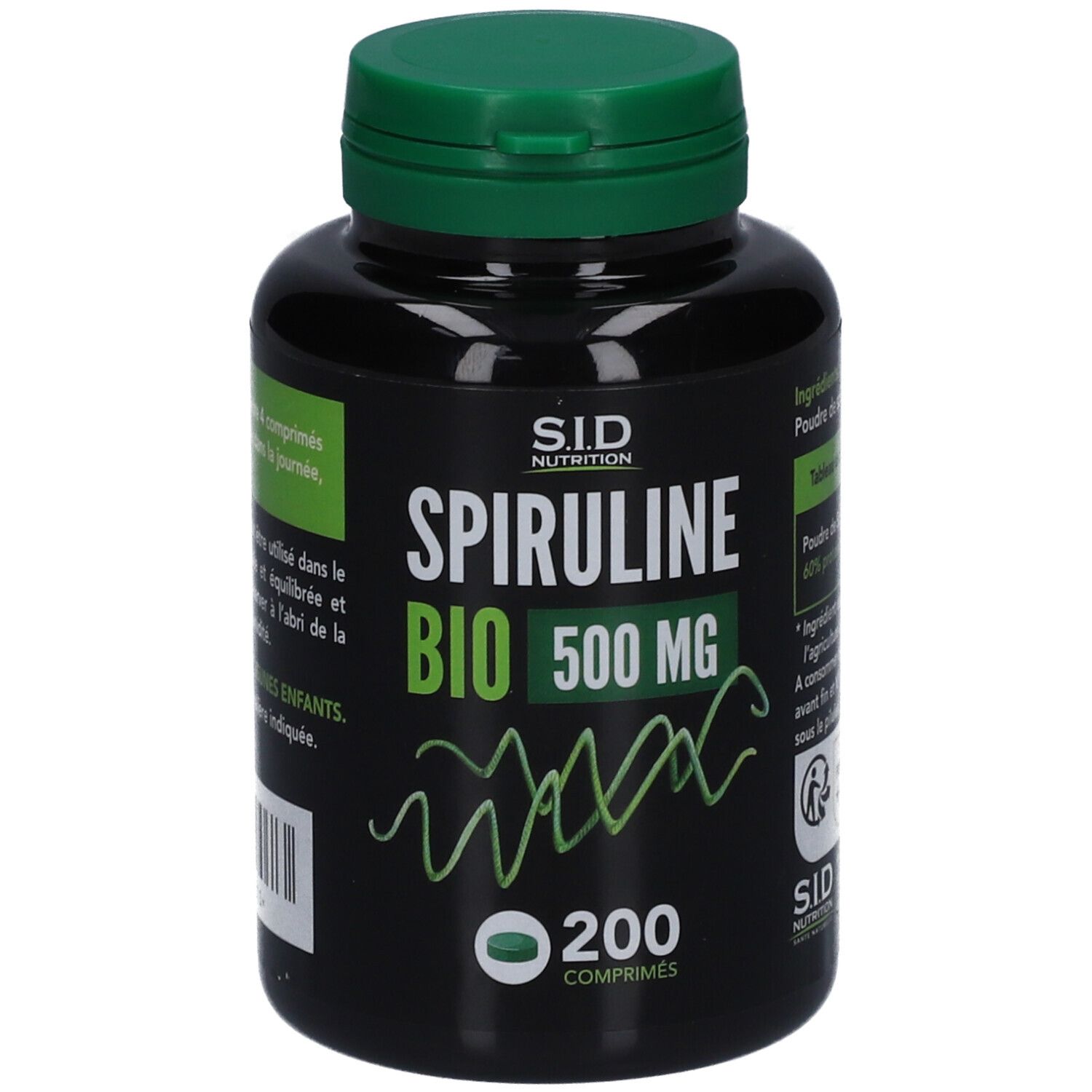 Flacon noir, bouchon vert. Inscription SPIRULINE BIO 500 MG, 200 comprimés. Marque S.I.D. Nutrition. Label vert.