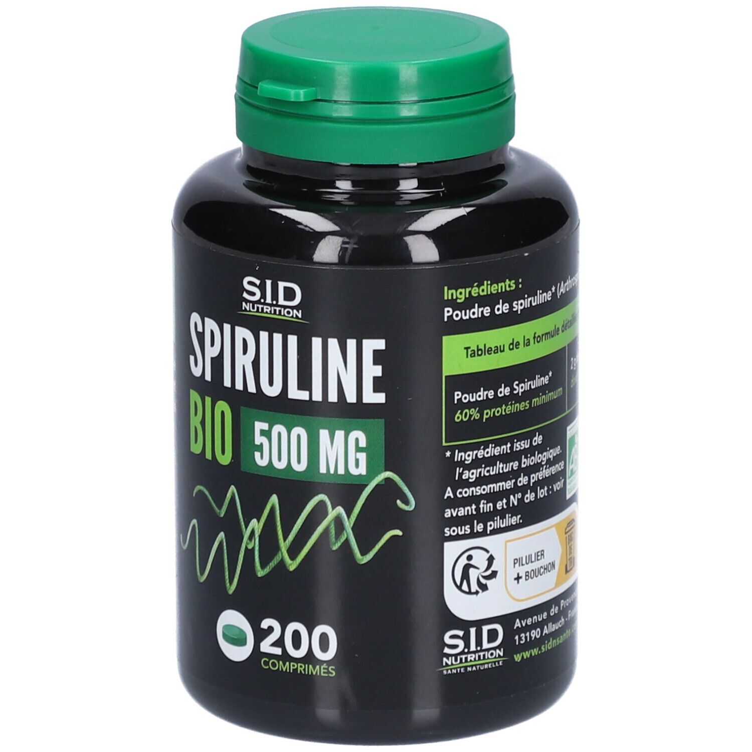 Flacon noir, bouchon vert. Inscription SPIRULINE BIO 500 MG, 200 comprimés. Marque S.I.D. Nutrition. Label vert.