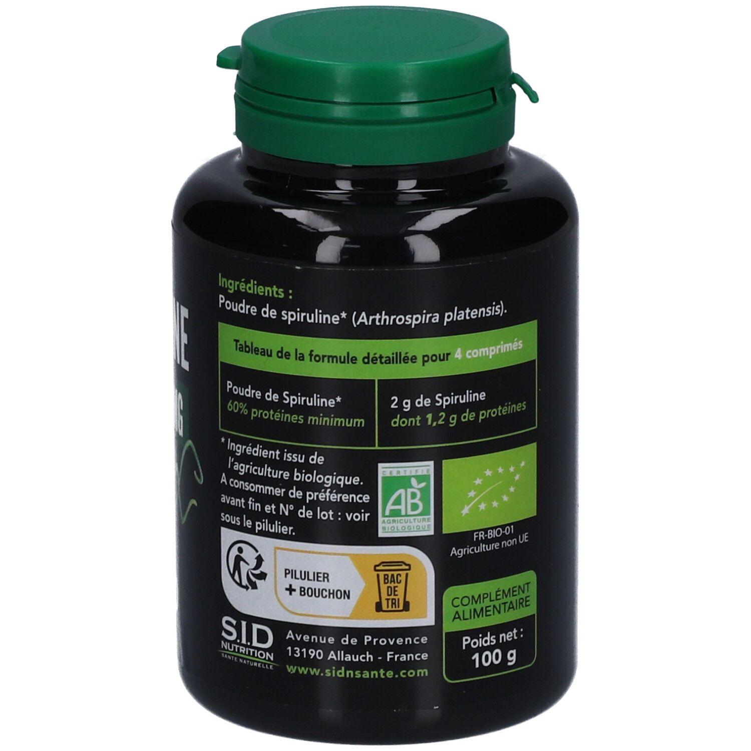 Dos du flacon noir, bouchon vert. Texte : ingrédients, label bio, poids 100 g. Marque S.I.D. Nutrition.