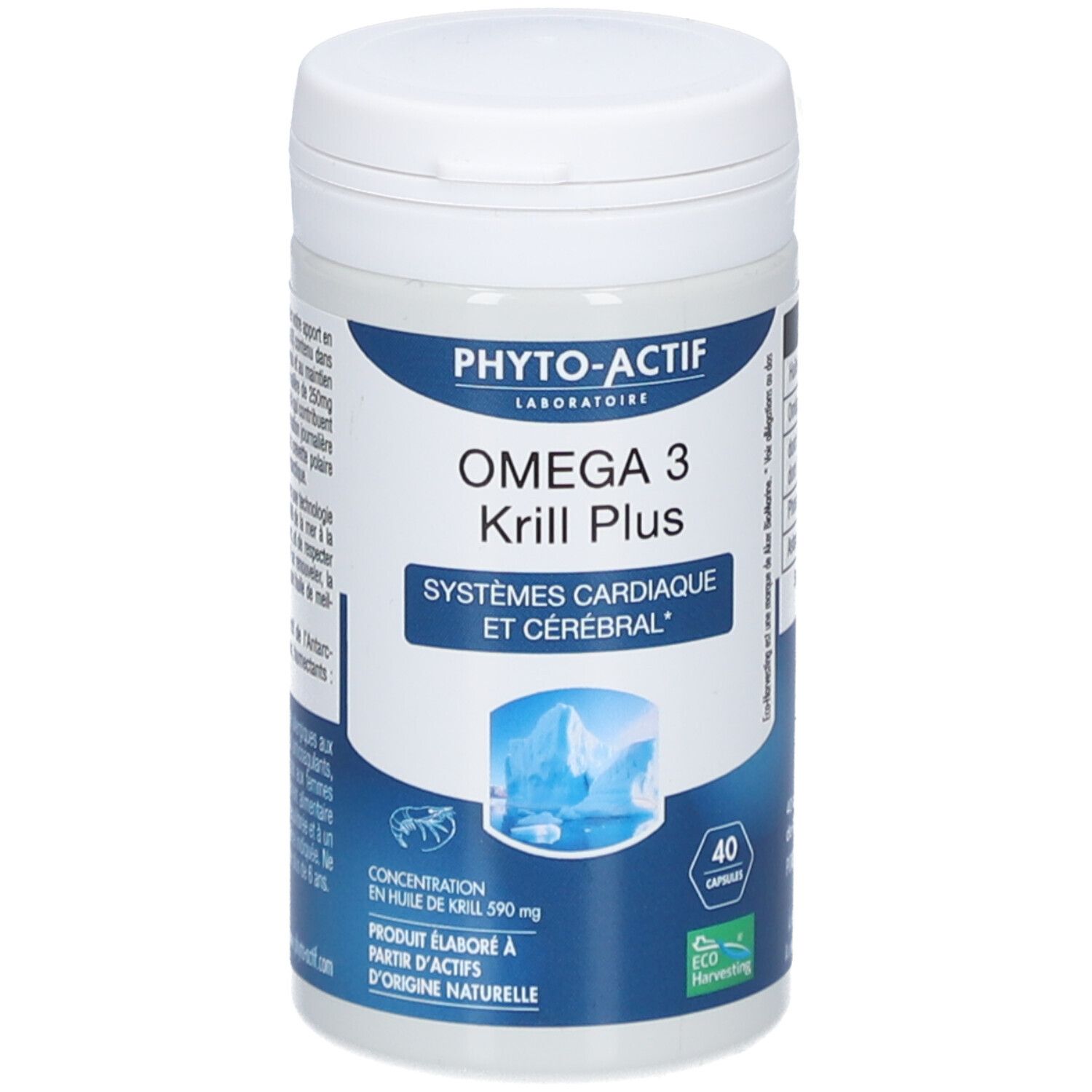Weißes, zylindrisches Behältnis mit blau-weißer Etikettierung. Aufschrift: PHYTO-ACTIF, Oméga 3 Krill Plus. 40 Kapseln.