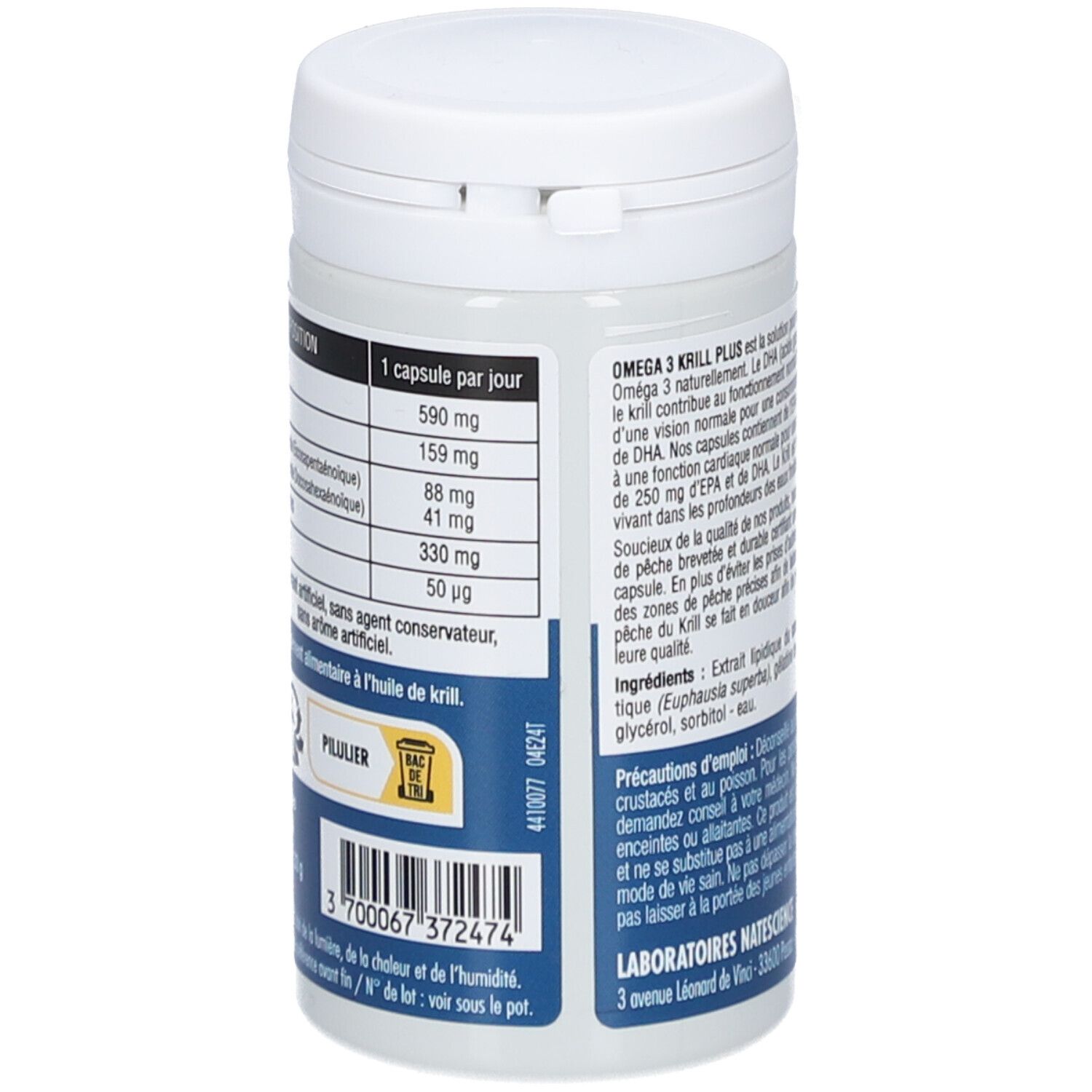 Rückseite des weißen, zylindrischen Behälters. Text in französischer Sprache. Nährwertangaben und Barcode.