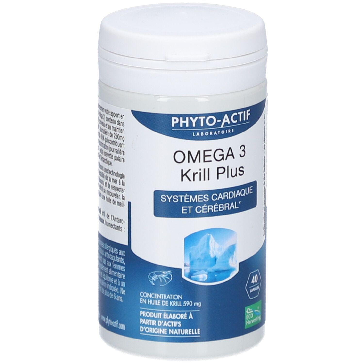 Weißes, zylindrisches Behältnis mit blau-weißer Etikettierung. Aufschrift: PHYTO-ACTIF, Oméga 3 Krill Plus. 40 Kapseln.