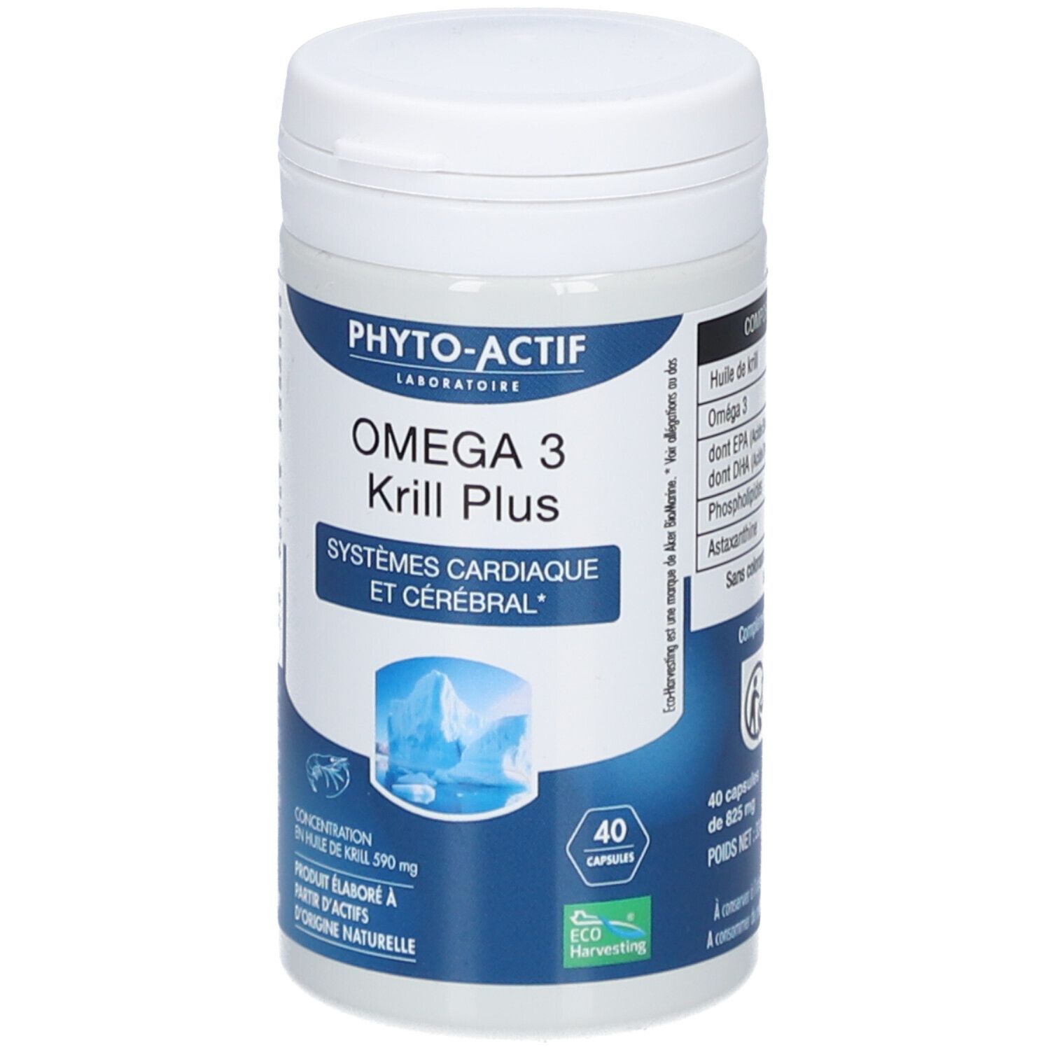 Weißes, zylindrisches Behältnis mit blau-weißer Etikettierung. Aufschrift: PHYTO-ACTIF, Oméga 3 Krill Plus. 40 Kapseln.