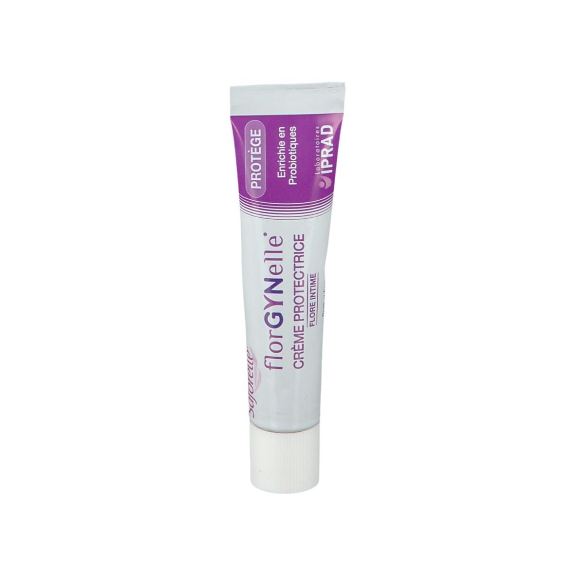 Tube de crème Saforelle florGYNelle. Tube blanc avec accents violets et texte. Logo IPRAD.