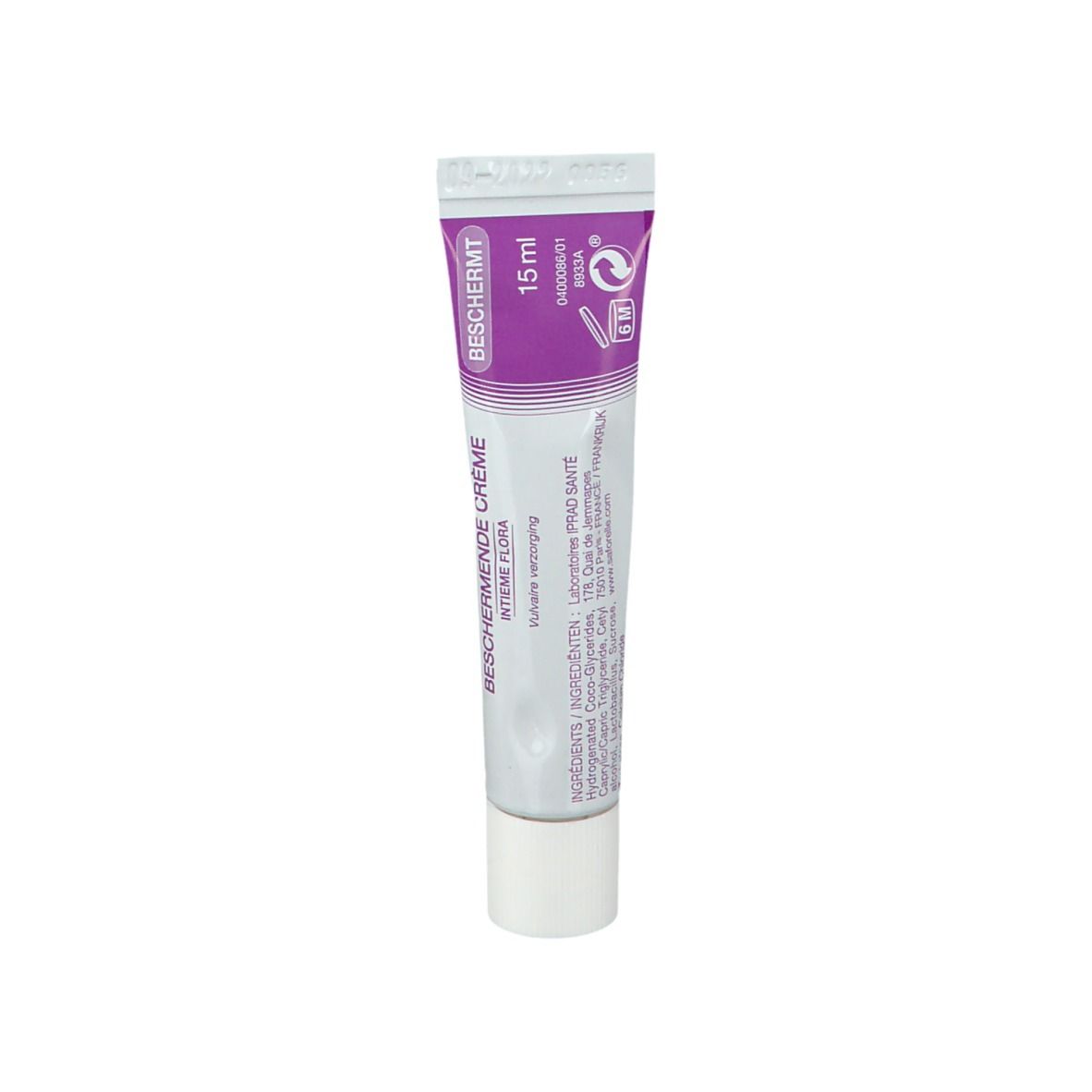 Tube de crème Beschermende Intieme Flora. Tube blanc avec accents violets et texte. 15 ml.