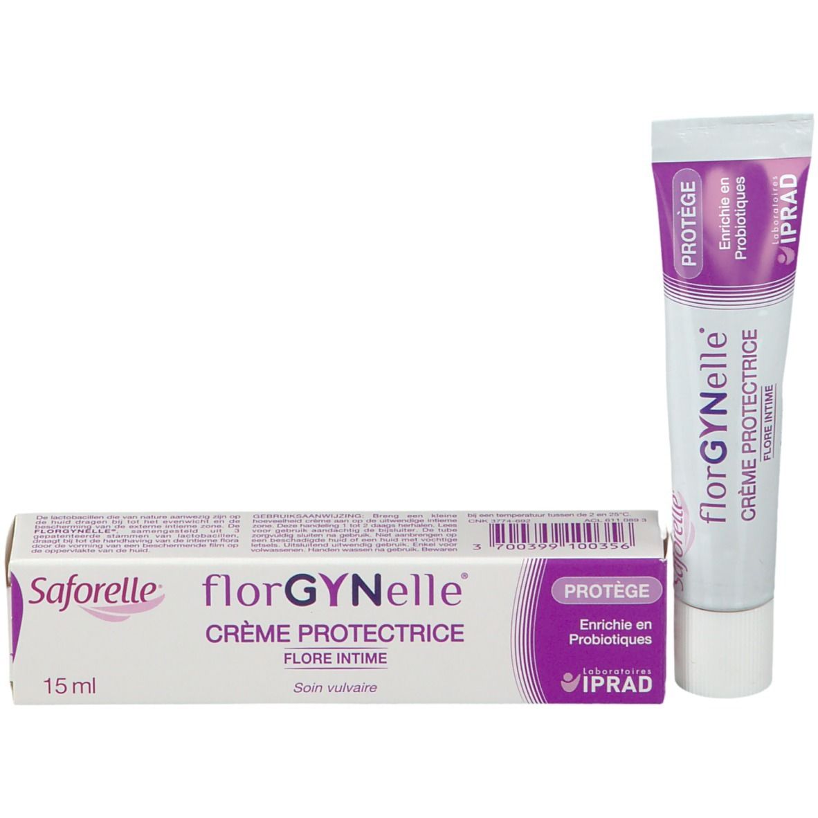 Saforelle florGYNelle Crème Protectrice et emballage. Tube et boîte avec texte et logo.