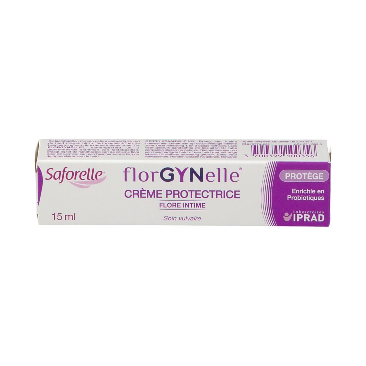 Boîte Saforelle florGYNelle Crème Protectrice. Boîte blanche avec texte et logo. 15 ml.