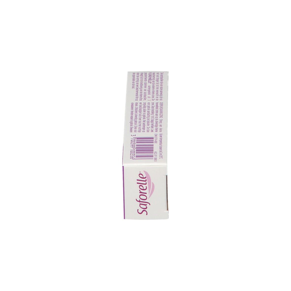 Vue latérale de la boîte Saforelle florGYNelle. Boîte blanche avec texte et code-barres.