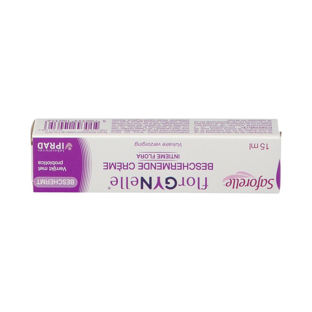 Boîte Beschermende Crème Intieme Flora. Boîte blanche avec texte et logo. 15 ml.