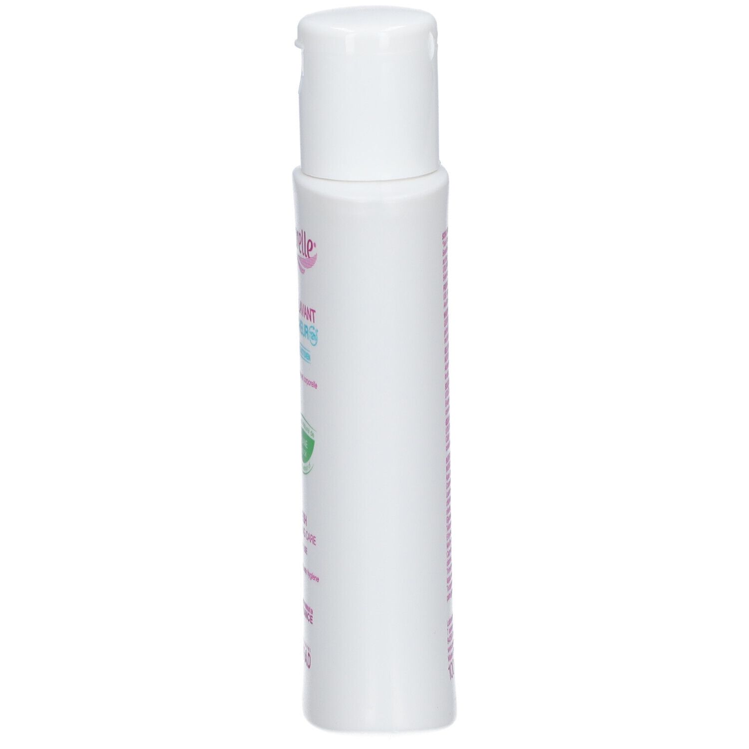 Flacon blanc Saforelle. Texte rose. Soin Lavant Fraicheur. Hygiène intime et corporelle.
