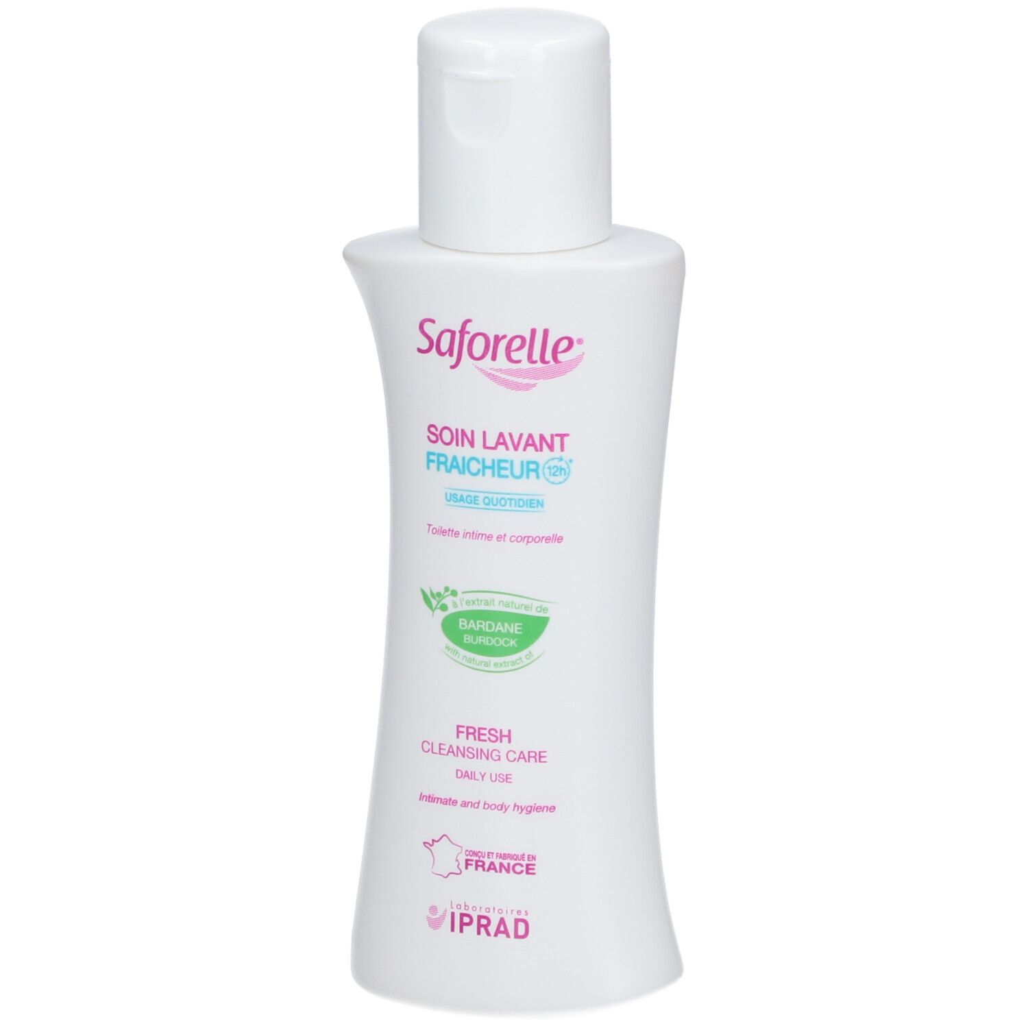 Flacon blanc Saforelle. Soin Lavant Fraicheur. Hygiène intime et corporelle. Logo Bardane.
