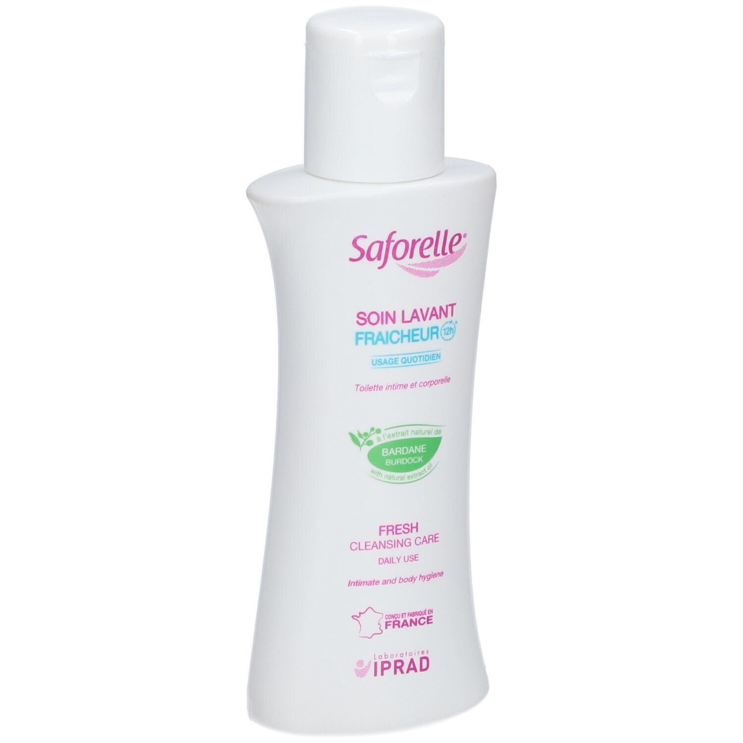 Flacon blanc Saforelle. Soin Lavant Fraicheur. Hygiène intime et corporelle. Logo Bardane.
