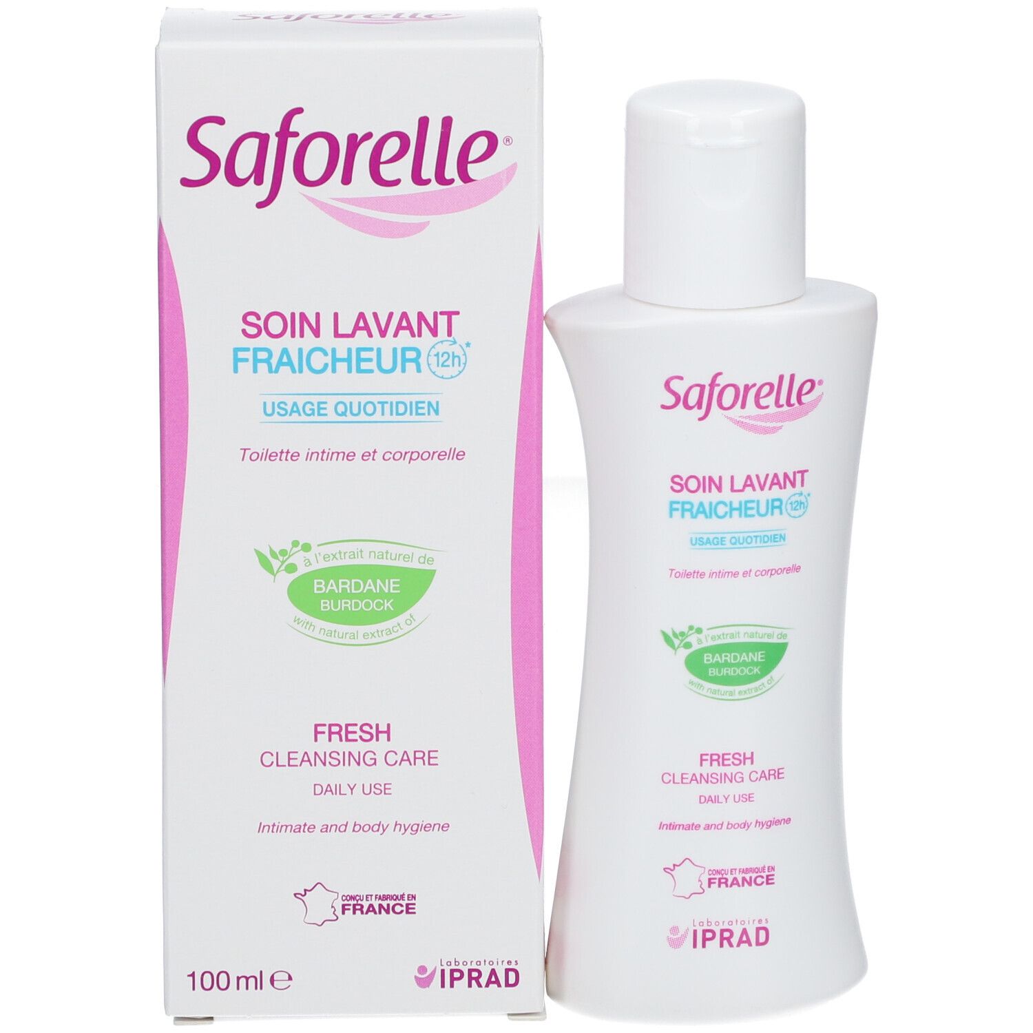 Flacon et boîte Saforelle. Soin Lavant Fraicheur. Hygiène intime et corporelle. 100 ml.