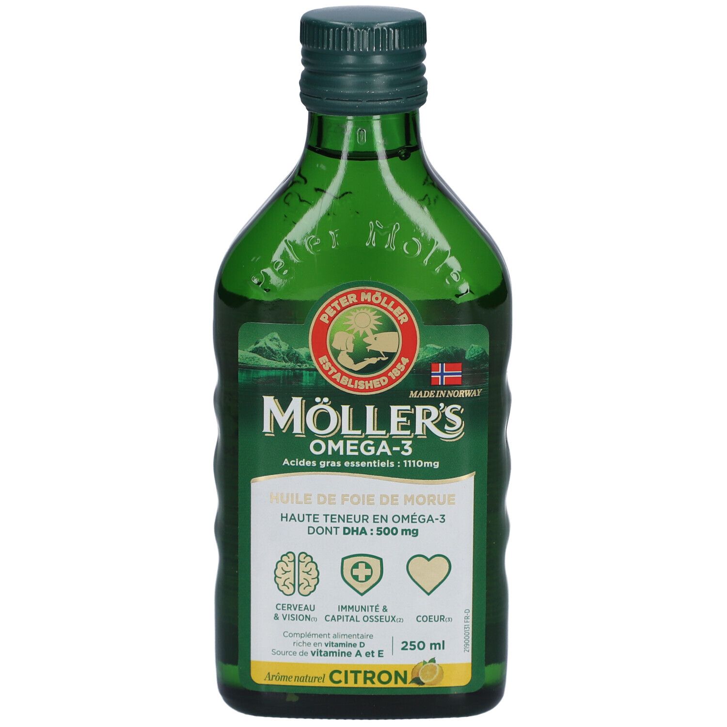 Grüne Glasflasche mit Etikett. "Möller's Omega-3" und "Aroma Zitrone" sind sichtbar. Enthält Omega-3-Fettsäuren.