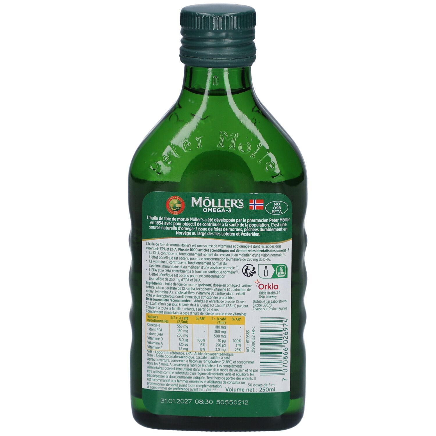 Rückseite der grünen Glasflasche. Etikett mit Informationen zu Inhaltsstoffen und Nährwerten. "Möller's Omega-3".