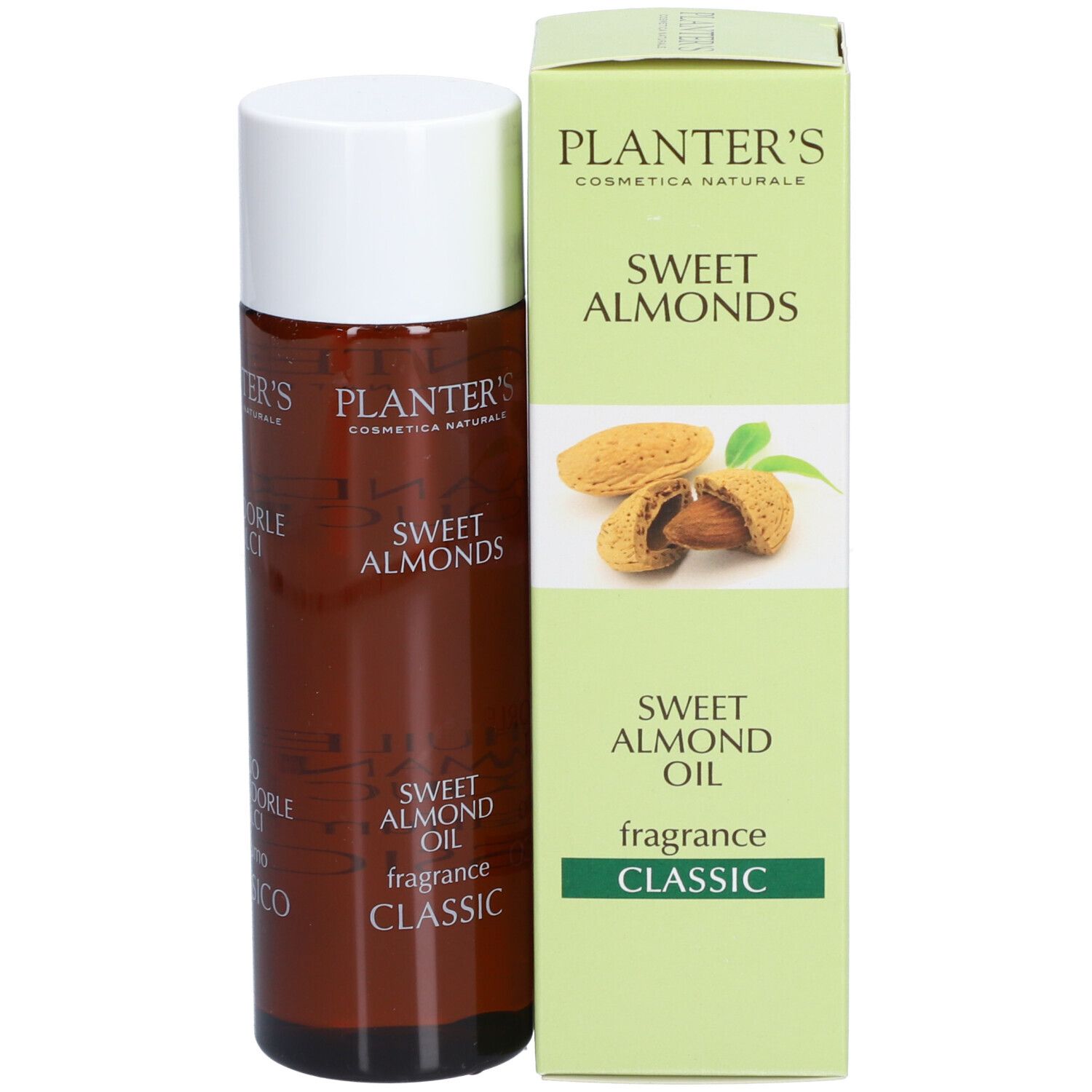Flacon brun et boîte avec nom du produit et illustration d'amandes. Texte: Sweet Almond Oil, fragrance CLASSIC.