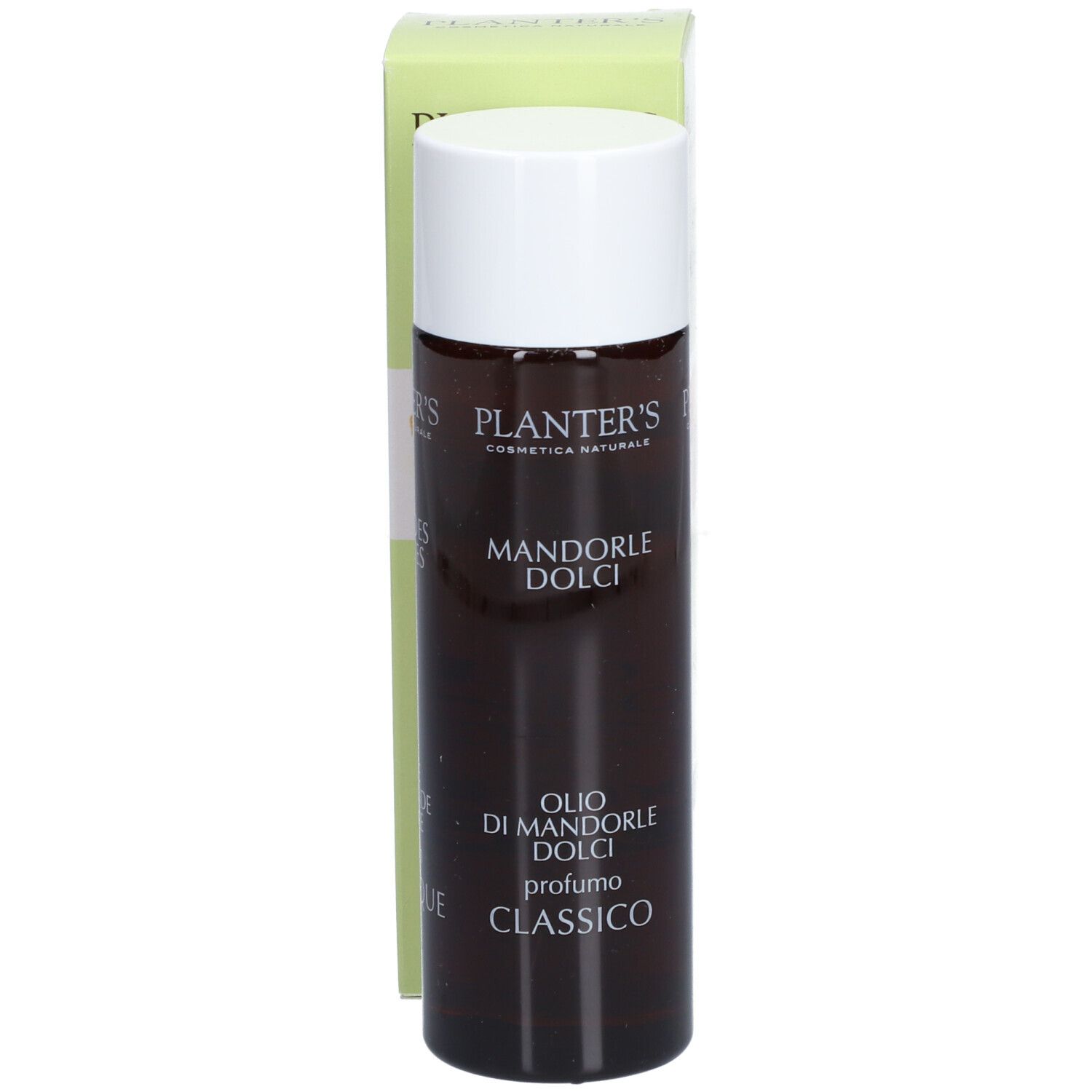 Flacon brun et boîte avec nom du produit. Texte: Olio di Mandorle Dolci, Profumo Classico.