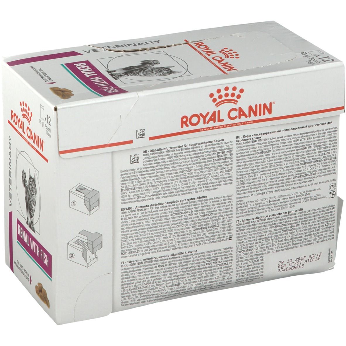 Boîte ROYAL CANIN Renal with Fish. Dos avec texte et illustrations. Texte: Veterinary.