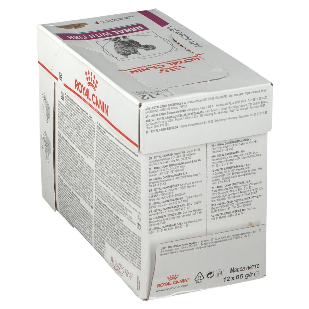 Boîte ROYAL CANIN Renal with Fish. Dos avec texte. Texte: Veterinary, 12x85g.