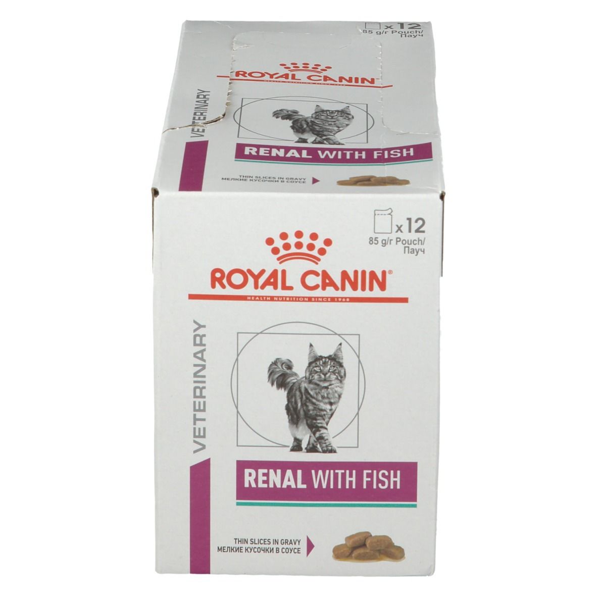 Boîte ROYAL CANIN Renal with Fish. Face avec chat et nourriture. Texte: Veterinary, 12x85g.