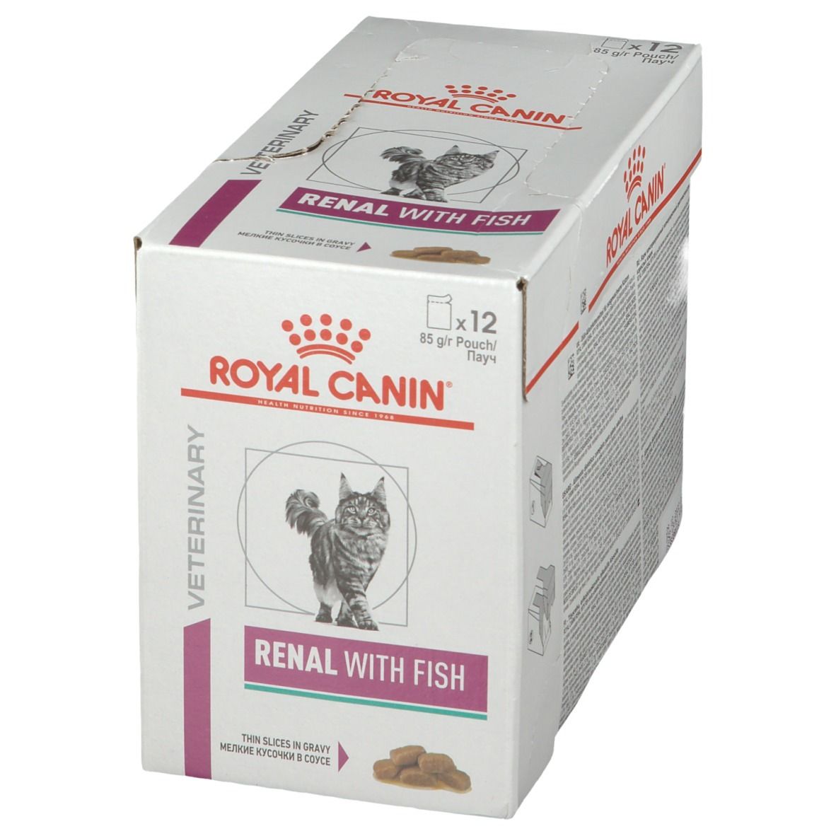 Boîte ROYAL CANIN Renal with Fish. Face avec chat et nourriture. Texte: Veterinary, 12x85g.
