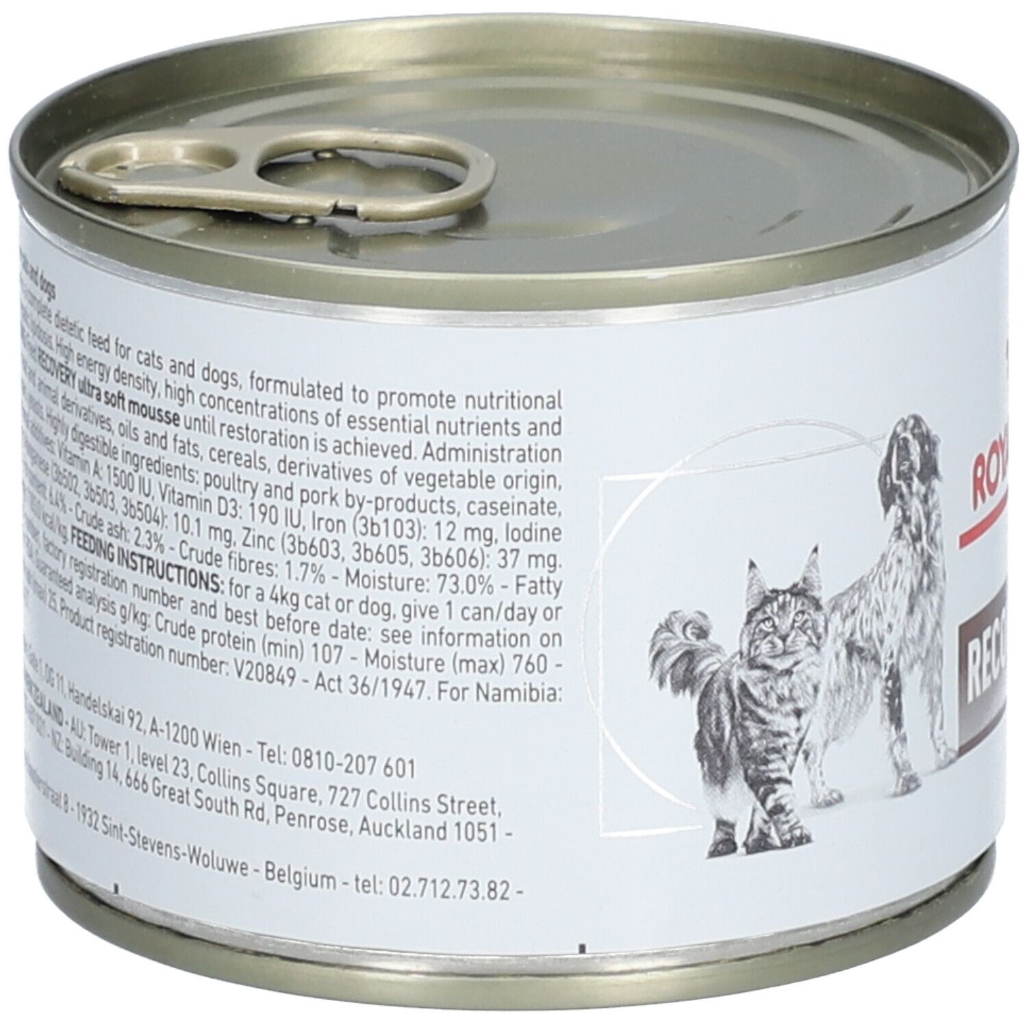 Dose mit Etikett. ROYAL CANIN Recovery. Text: Diätetisches Futter für Hunde und Katzen. Abbildung von Hund und Katze.