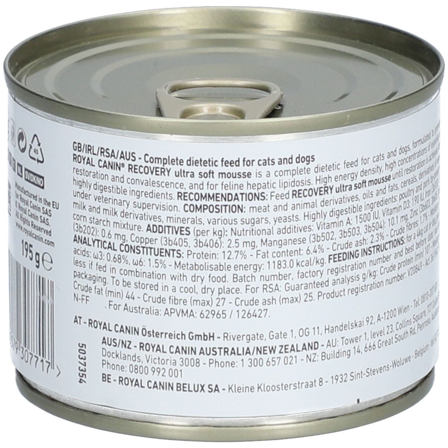 Dose mit Etikett. ROYAL CANIN Recovery. Text: Diätetisches Alleinfutter für Katzen und Hunde. 195g. Abbildung von Hund und Katze.