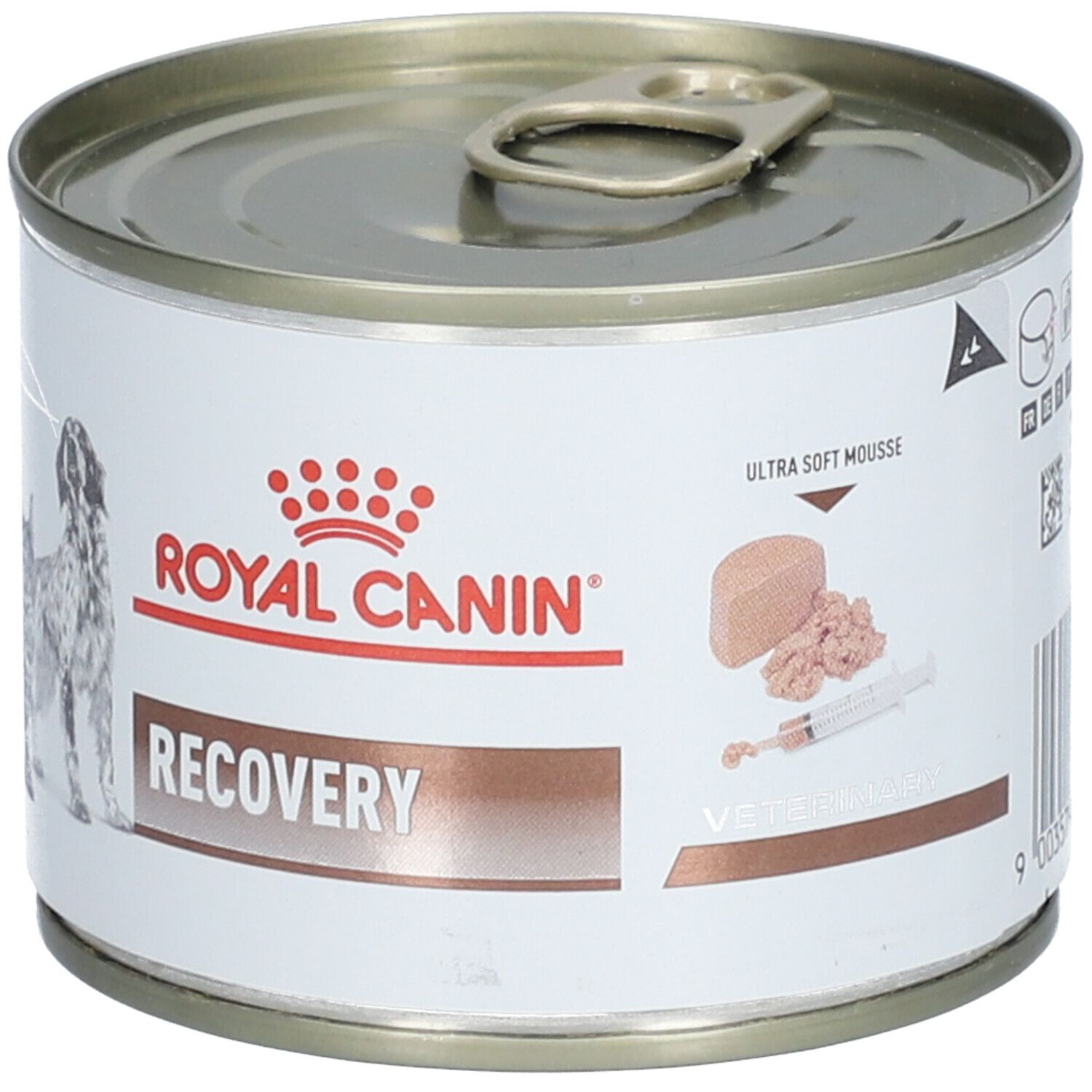 Metall-Dose mit Etikett. ROYAL CANIN, Recovery, Abbildung von Hund und Katze. Ultra weicher Schaum. Veterinär.