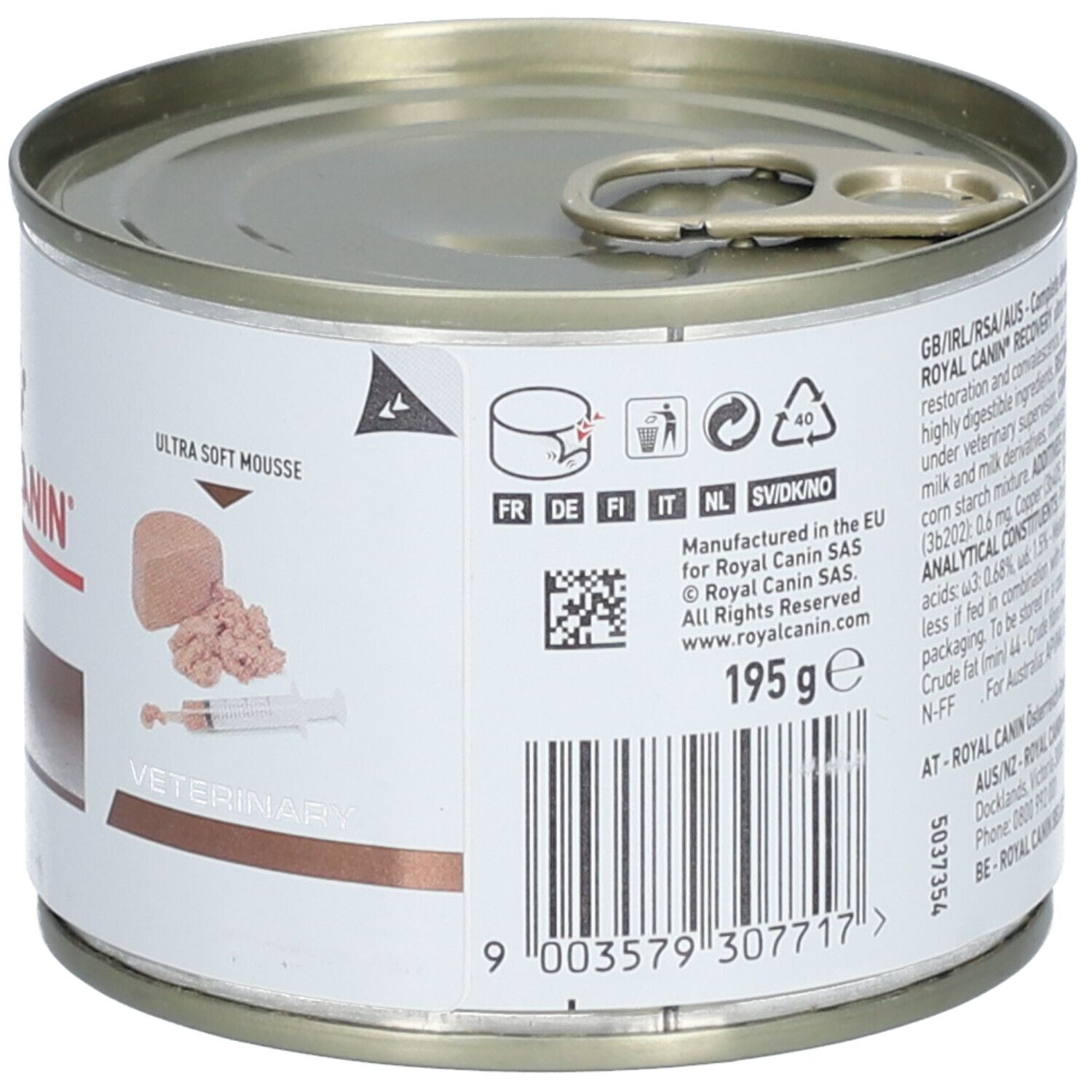 Dose mit Etikett. ROYAL CANIN Recovery. Ultra weicher Schaum. 195g. Abbildung von Hund und Katze. Veterinär.