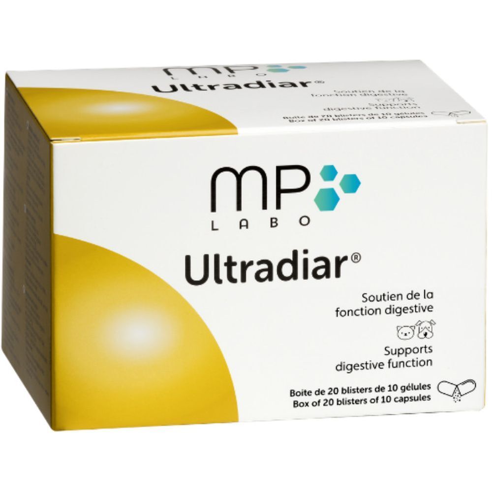 Boîte blanche MP Labo Ultradiar®. Inscription : Soutien de la fonction digestive. Accents jaunes et bleus.