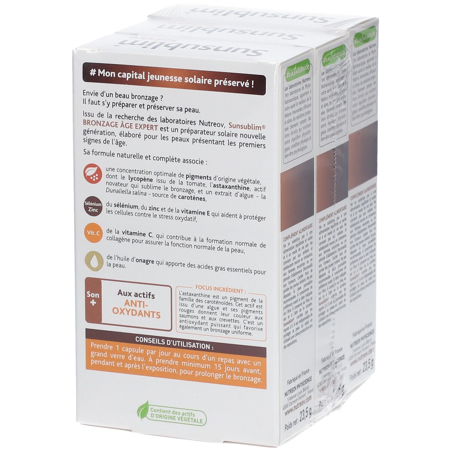 Détail de la boîte Sunsublim Solaire. Informations sur les ingrédients et l'utilisation. Texte: Anti-Oxydants.